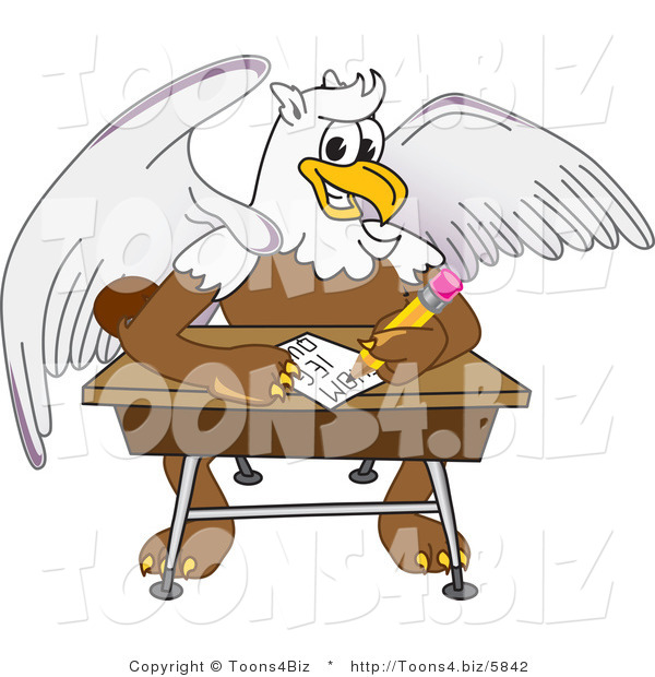 Vector Illustration of a Cartoon Griffin Mascot Doing Homework at a Desk