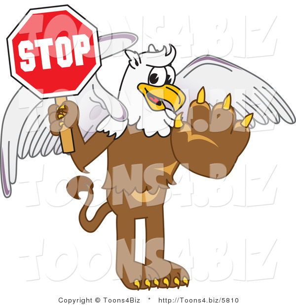 Vector Illustration of a Cartoon Griffin Mascot Holding a Stop Sign