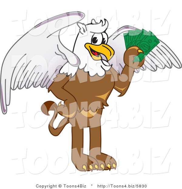 Vector Illustration of a Cartoon Griffin Mascot Holding Cash