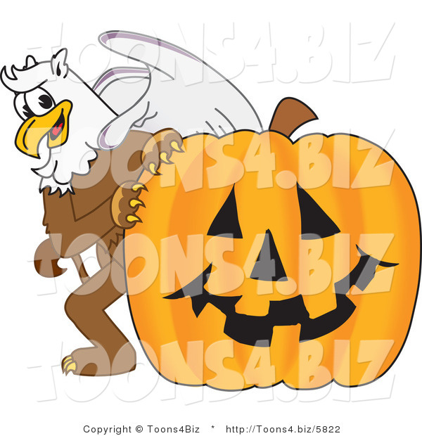 Vector Illustration of a Cartoon Griffin Mascot with a Halloween Pumpkin