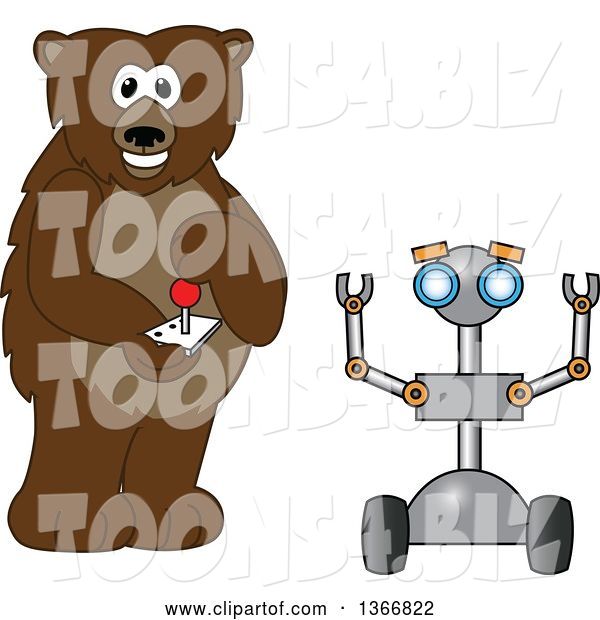 Vector Illustration of a Cartoon Grizzly Bear School Mascot Controlling a Robot