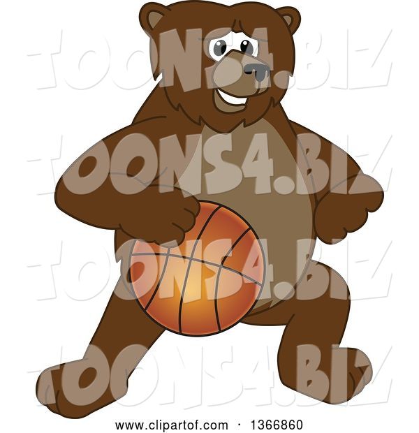 Vector Illustration of a Cartoon Grizzly Bear School Mascot Dribbling a Basketball