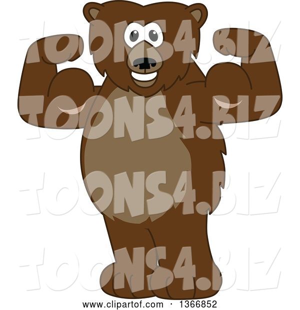 Vector Illustration of a Cartoon Grizzly Bear School Mascot Flexing His Muscles
