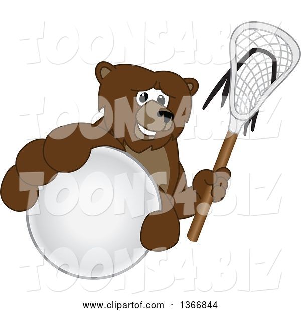 Vector Illustration of a Cartoon Grizzly Bear School Mascot Grabbing a Ball and Holding a Lacrosse Stick