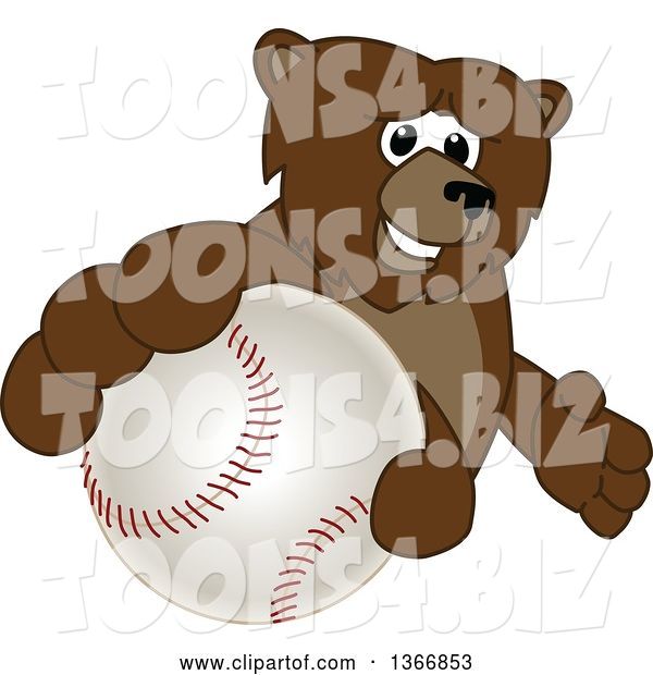 Vector Illustration of a Cartoon Grizzly Bear School Mascot Grabbing a Baseball