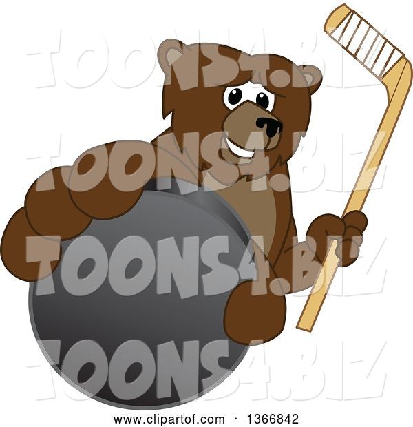 Vector Illustration of a Cartoon Grizzly Bear School Mascot Grabbing a Puck and Holding a Hockey Stick
