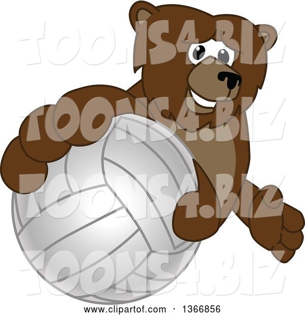 Vector Illustration of a Cartoon Grizzly Bear School Mascot Grabbing a Volleyball