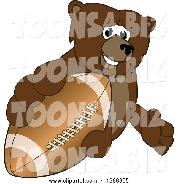 Vector Illustration of a Cartoon Grizzly Bear School Mascot Grabbing an American Football