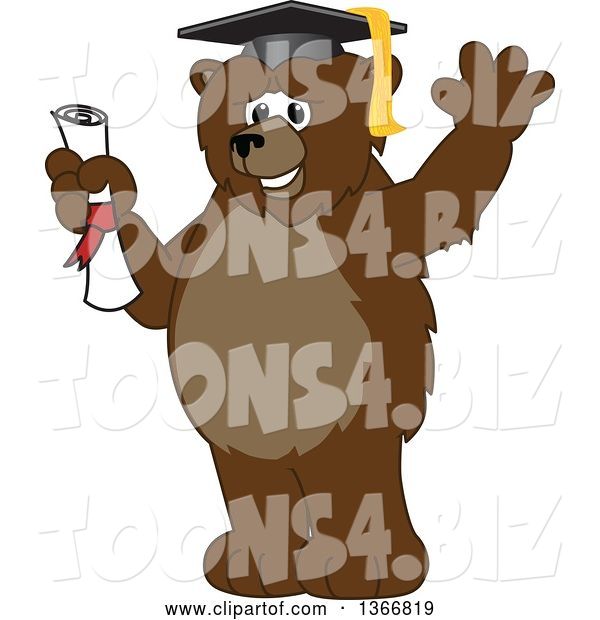 Vector Illustration of a Cartoon Grizzly Bear School Mascot Graduate Holding a Diploma and Waving