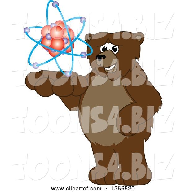 Vector Illustration of a Cartoon Grizzly Bear School Mascot Holding an Atom