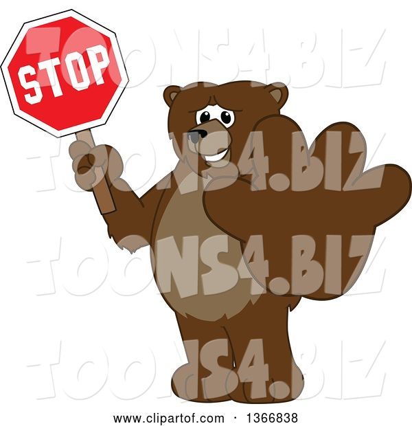 Vector Illustration of a Cartoon Grizzly Bear School Mascot Holding out a Paw and a Stop Sign