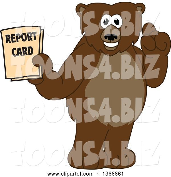 Vector Illustration of a Cartoon Grizzly Bear School Mascot Holding up a Finger and a Report Card