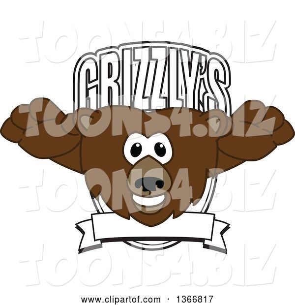 Vector Illustration of a Cartoon Grizzly Bear School Mascot Leaping Forward over a Grizzlys Shield