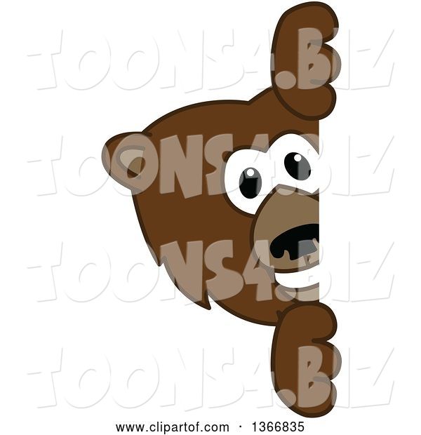 Vector Illustration of a Cartoon Grizzly Bear School Mascot Looking Around a Sign