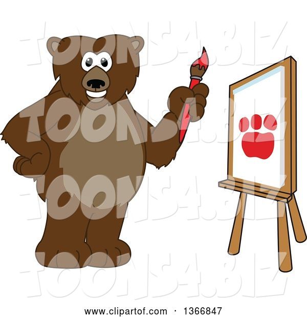 Vector Illustration of a Cartoon Grizzly Bear School Mascot Painting a Paw on a Canvas