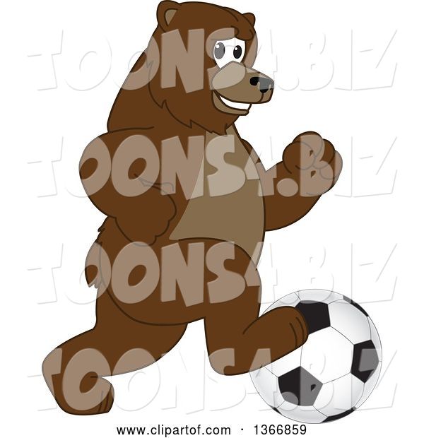 Vector Illustration of a Cartoon Grizzly Bear School Mascot Playing Soccer