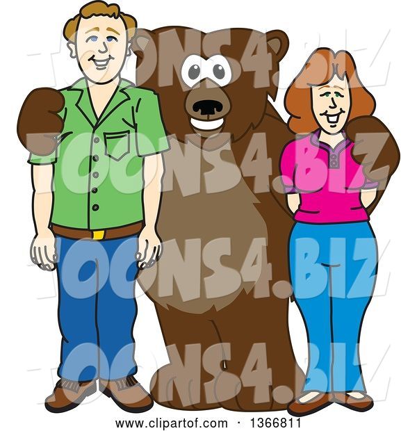 Vector Illustration of a Cartoon Grizzly Bear School Mascot Posing with Parents