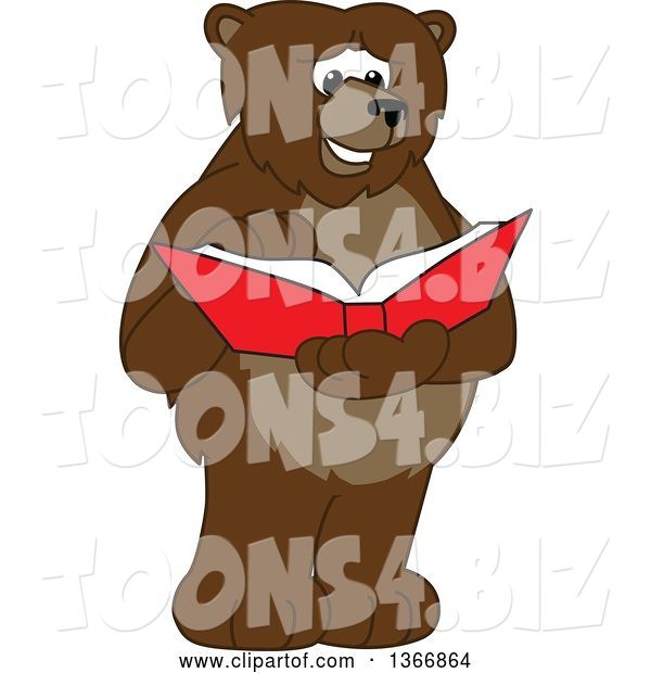 Vector Illustration of a Cartoon Grizzly Bear School Mascot Reading a Book