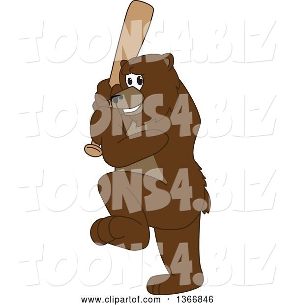 Vector Illustration of a Cartoon Grizzly Bear School Mascot Ready to Swing a Baseball Bat
