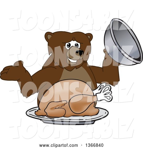 Vector Illustration of a Cartoon Grizzly Bear School Mascot Serving a Roasted Thanksgiving Turkey