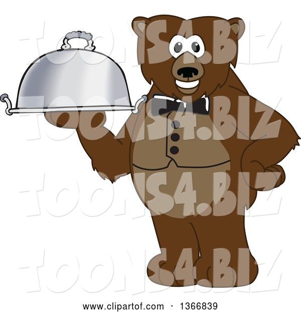 Vector Illustration of a Cartoon Grizzly Bear School Mascot Waiter Holding a Cloche Platter