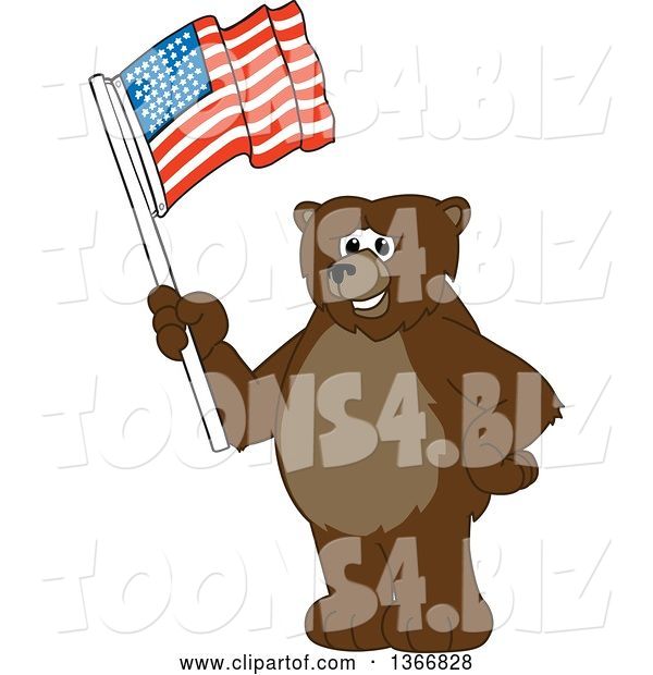 Vector Illustration of a Cartoon Grizzly Bear School Mascot Waving an American Flag