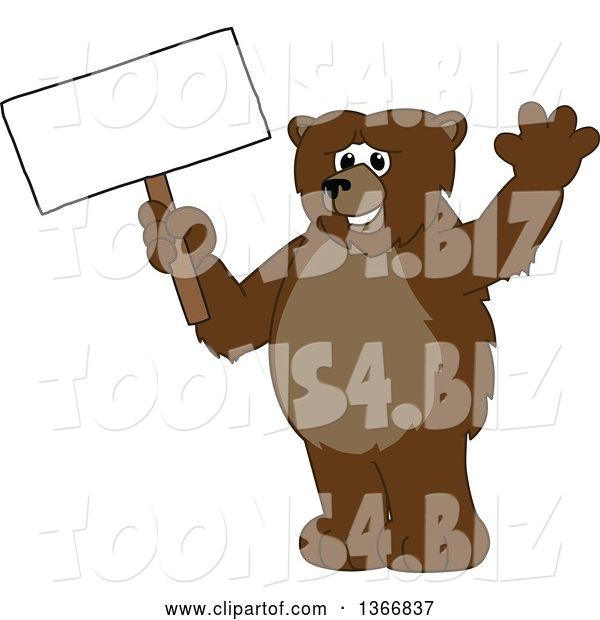 Vector Illustration of a Cartoon Grizzly Bear School Mascot Waving and Holding a Blank Sign