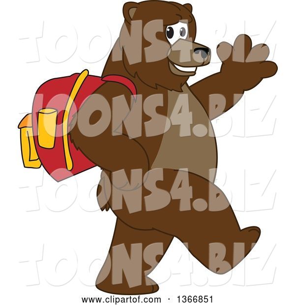Vector Illustration of a Cartoon Grizzly Bear School Mascot Wearing a Backpack, Walking and Waving