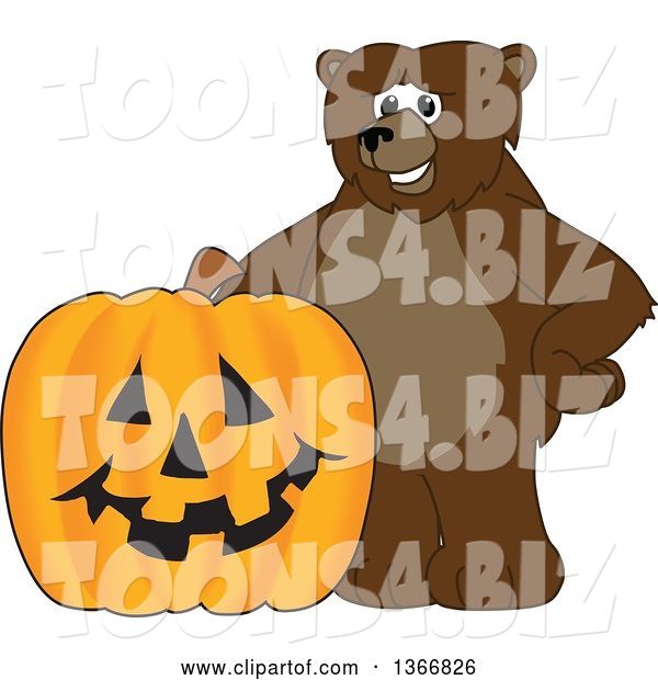 Vector Illustration of a Cartoon Grizzly Bear School Mascot with a Halloween Jackolantern Pumpkin