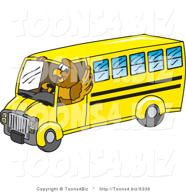 Vector Illustration of a Cartoon Hawk Mascot Character Driving a School Bus