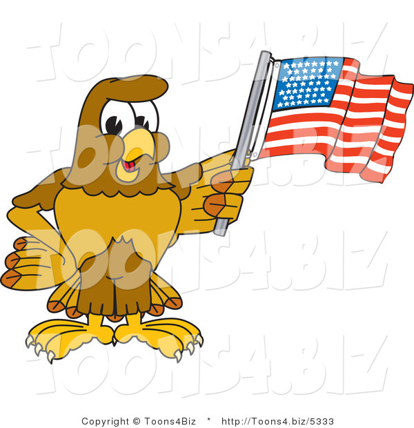 Vector Illustration of a Cartoon Hawk Mascot Character Waving an American Flag