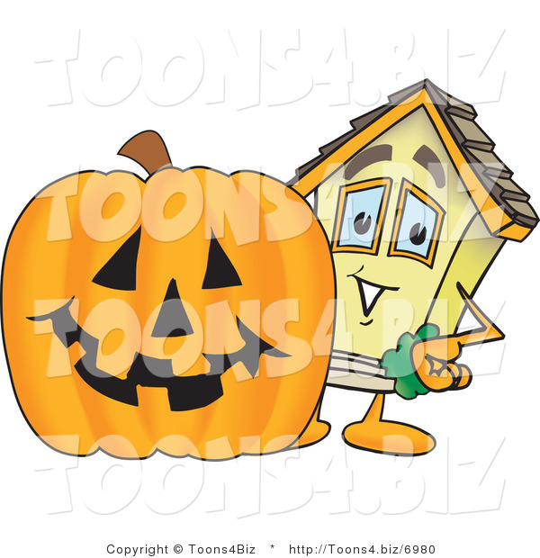 Vector Illustration of a Cartoon Home Mascot Beside Halloween Pumpkin