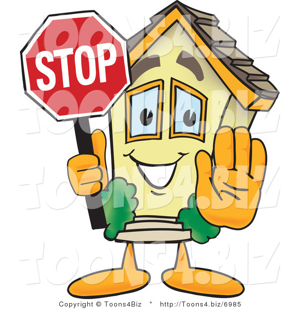 Vector Illustration of a Cartoon Home Mascot Holding a Stop Sign for Open House