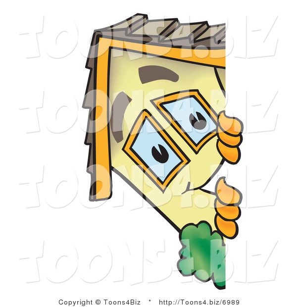 Vector Illustration of a Cartoon Home Mascot Looking Around a Blank Sign Area