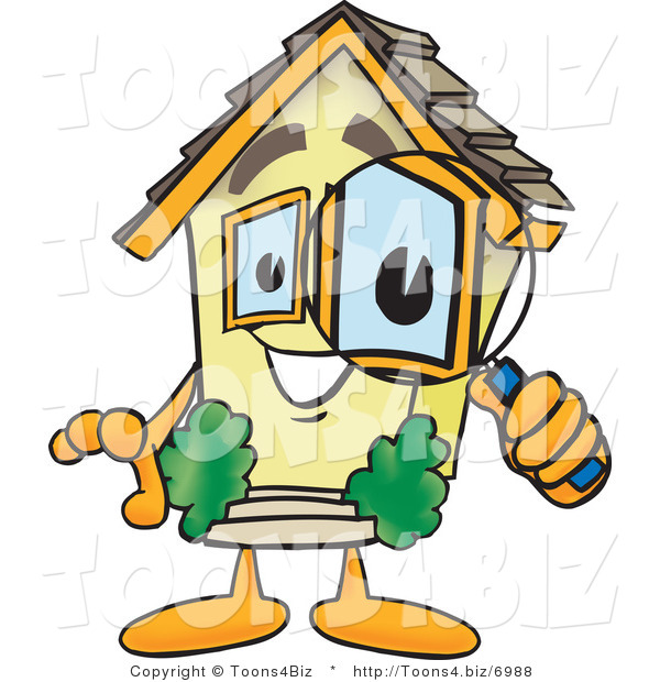 Vector Illustration of a Cartoon Home Mascot Looking Closely Through Magnifying Glass