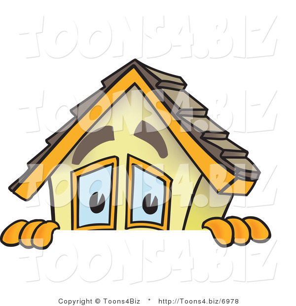 Vector Illustration of a Cartoon Home Mascot Peaking over Blank Sign Area