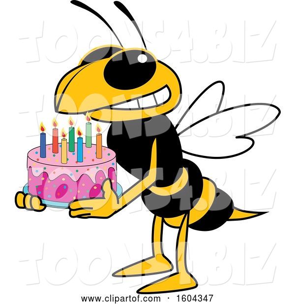 Vector Illustration of a Cartoon Hornet School Mascot Holding a Birthday Cake