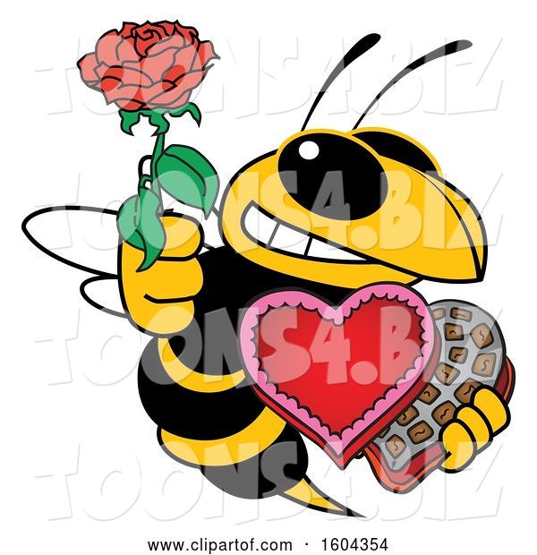 Vector Illustration of a Cartoon Hornet School Mascot Holding a Rose and Valentines Day Candy