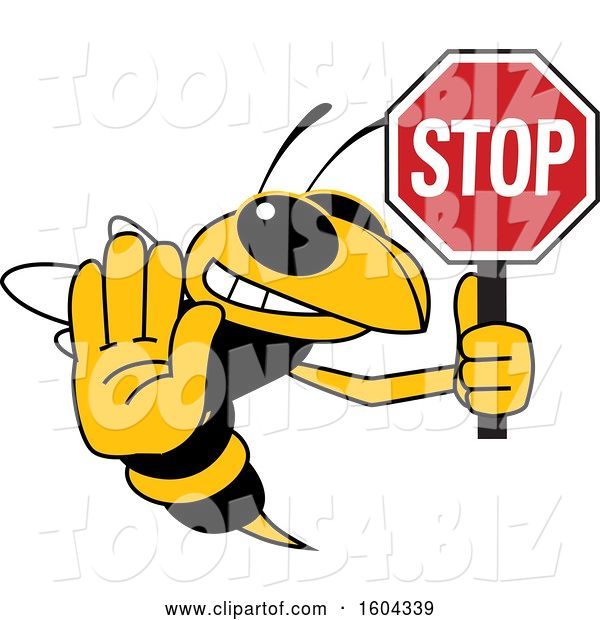 Vector Illustration of a Cartoon Hornet School Mascot Holding a Stop Sign