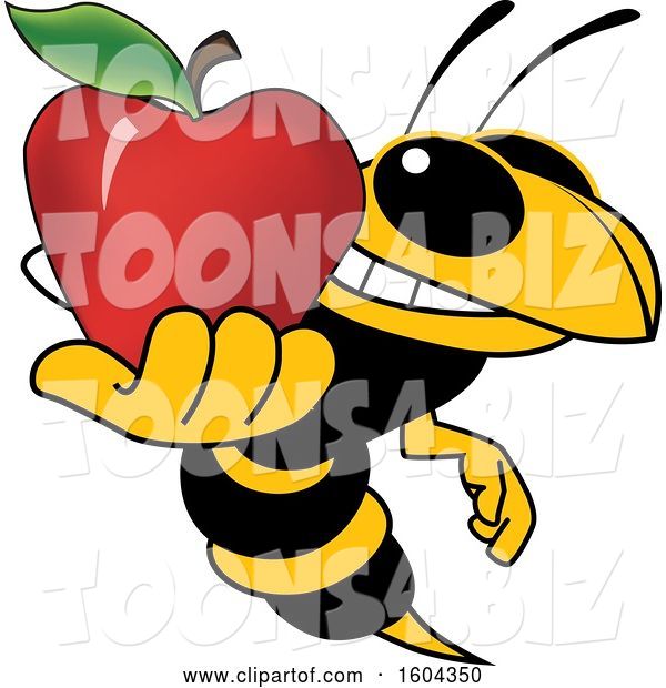 Vector Illustration of a Cartoon Hornet School Mascot Holding an Apple