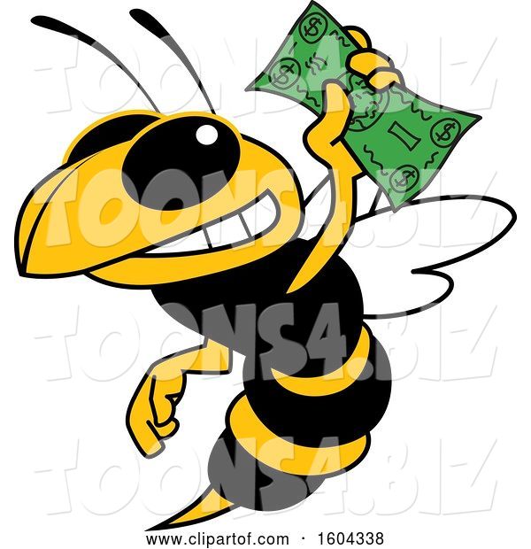Vector Illustration of a Cartoon Hornet School Mascot Holding Cash Money