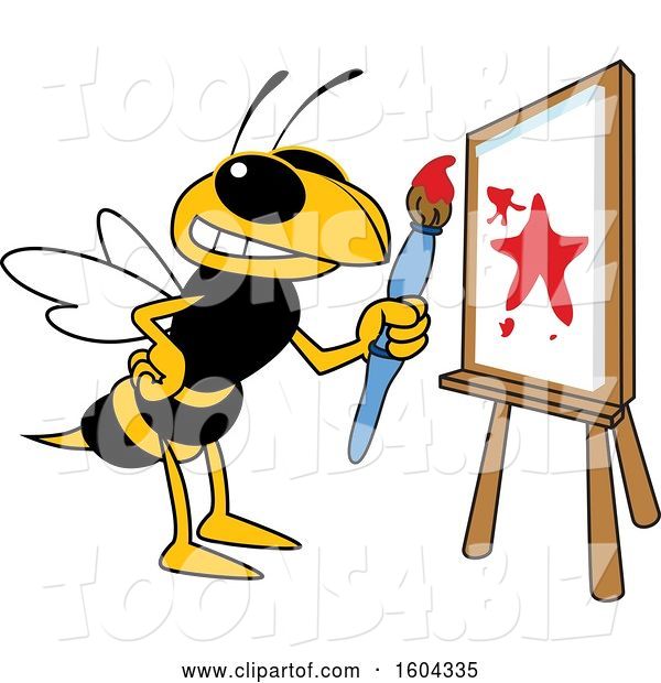 Vector Illustration of a Cartoon Hornet School Mascot Painting a Canvas