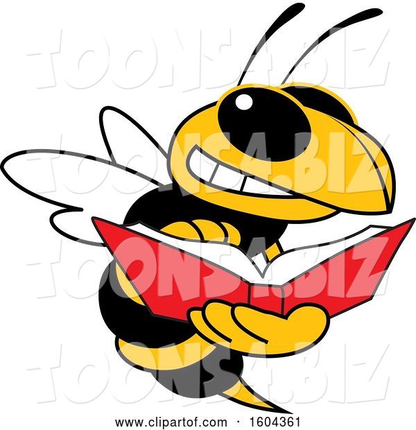 Vector Illustration of a Cartoon Hornet School Mascot Reading a Book