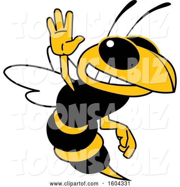 Vector Illustration of a Cartoon Hornet School Mascot Waving