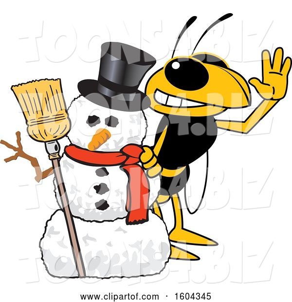 Vector Illustration of a Cartoon Hornet School Mascot with a Christmas Snowman