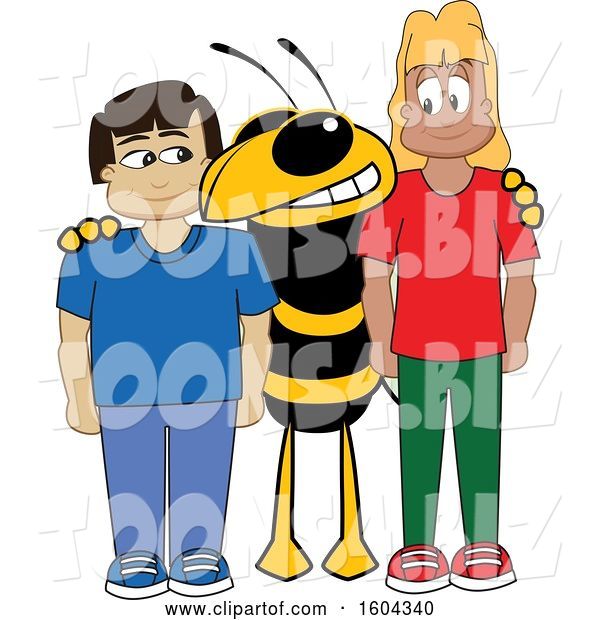 Vector Illustration of a Cartoon Hornet School Mascot with Students