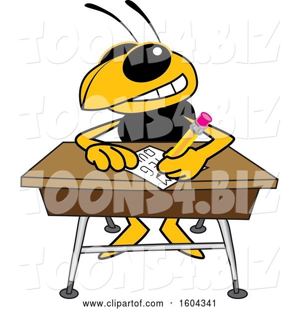 Vector Illustration of a Cartoon Hornet School Mascot Writing at a Desk