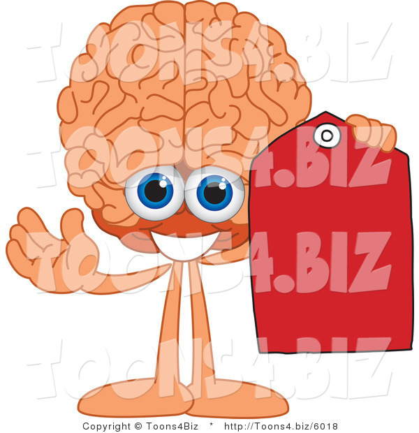 Vector Illustration of a Cartoon Human Brain Holding a Blank Red Tag