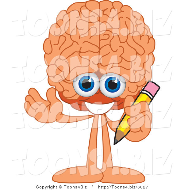 Vector Illustration of a Cartoon Human Brain Mascot Holding a Pencil