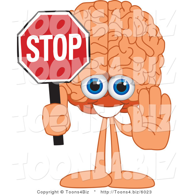 Vector Illustration of a Cartoon Human Brain Mascot Holding a Stop Sign